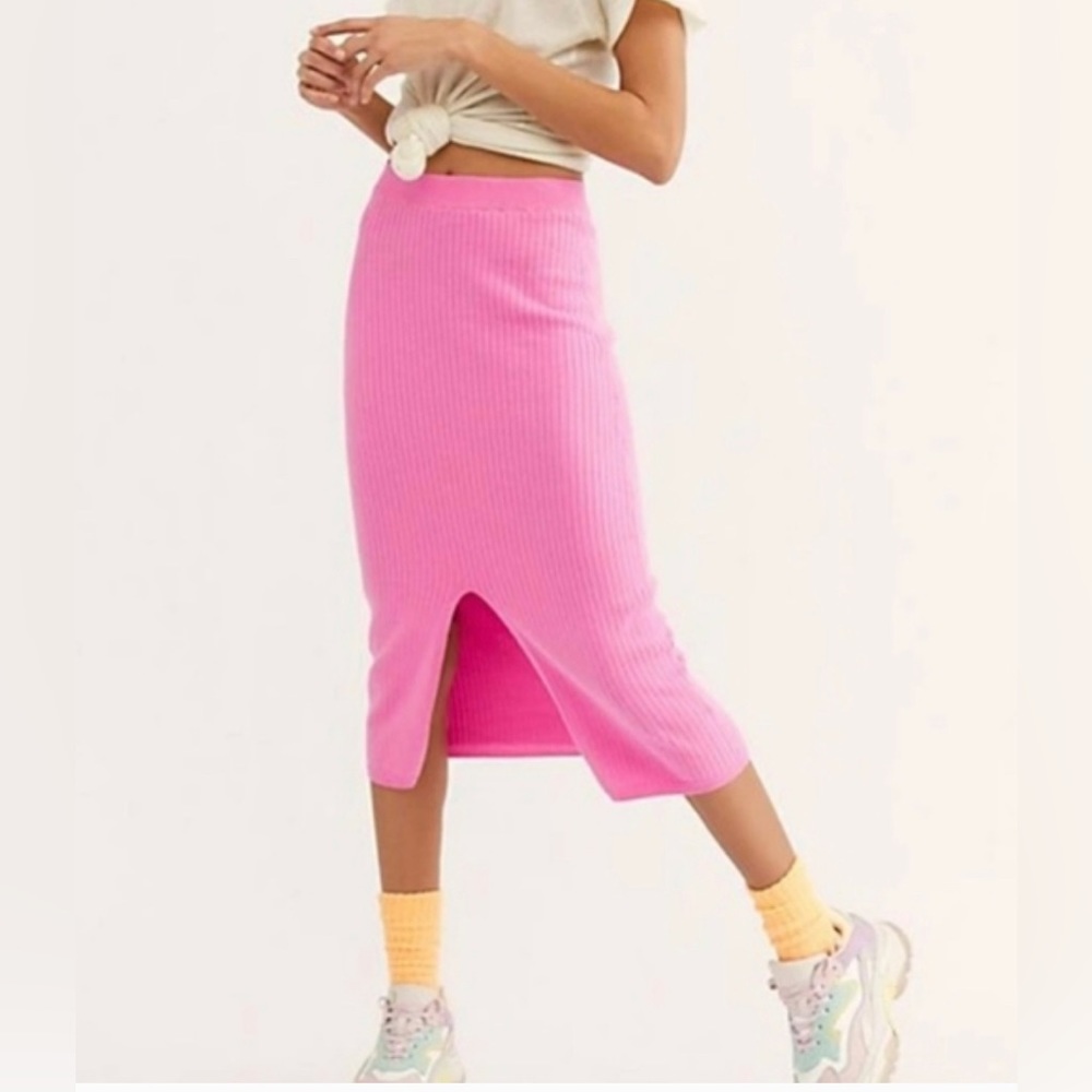 Free People Skyline Knit Midi Skirt Ribbed Pink XS Stretch FP Skirt